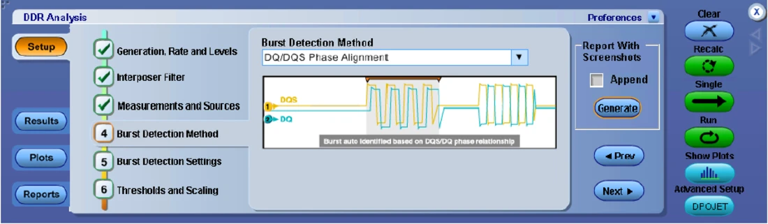 Workflow DDR Analysis sous Tektronix DPOJET au laboratoire AESTECHNO : étapes Generation, Interposer Filter, Measurements, Burst Detection Method DQ/DQS Phase Alignment, Settings, Thresholds and Scaling.