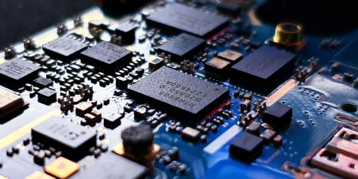Macro cinematographique d'une carte electronique avec puces de calcul : terrain typique de Linux embarque.
