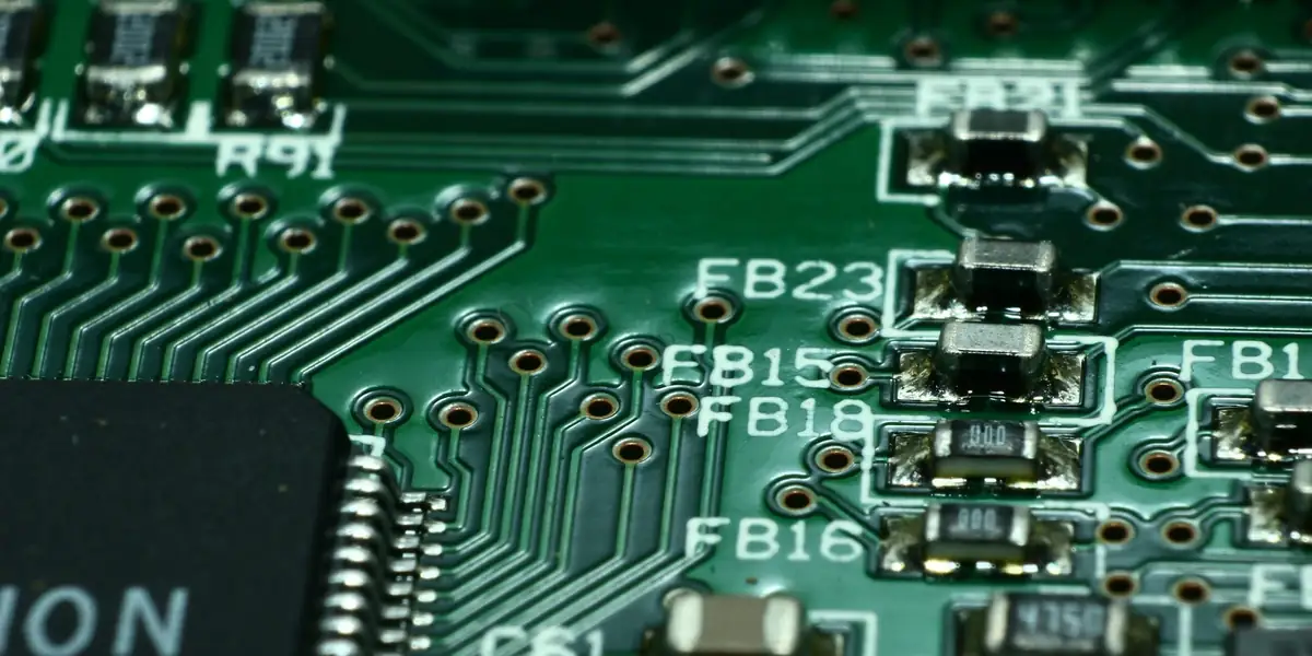 Macro d'un PCB sur la zone des ferrites bead : decoupage et regulation des rails d'alimentation.