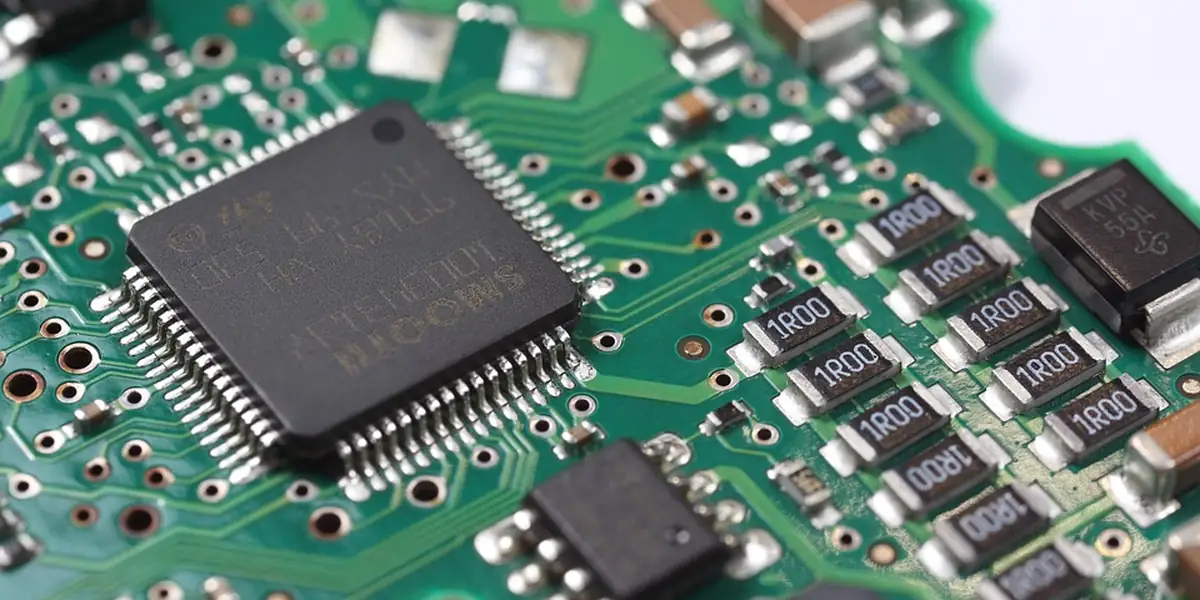Macro d'un circuit imprimé multicouche peuplé : BGA, condensateurs, vias et empreintes SMD.