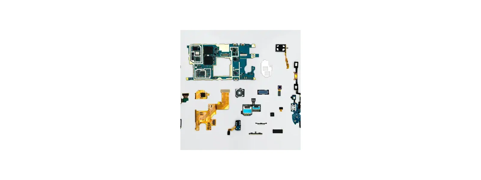 Smartphone shown fully disassembled in exploded view: main board, camera modules, FFC ribbons, speakers, buttons. Representative of the mechanical-electronic integration typical of a production product.